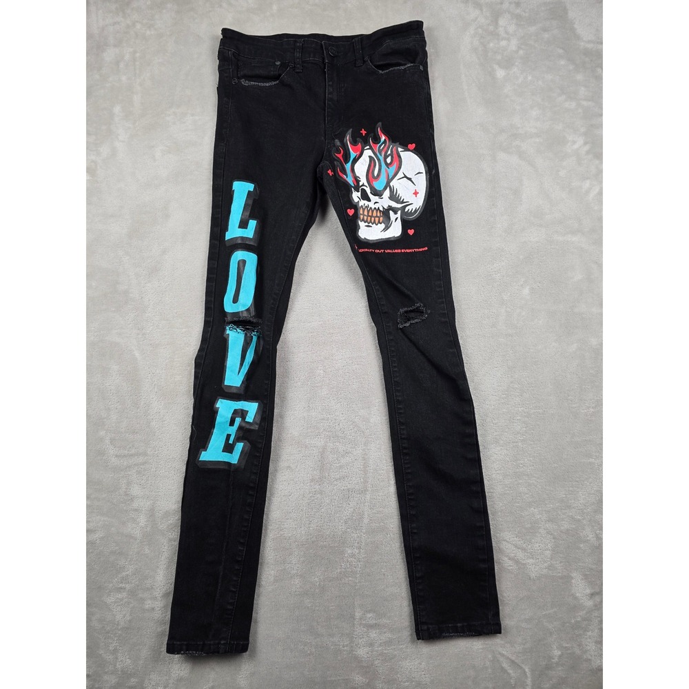 L.O.V.E. Jeans Mens 30x32 Black Distressed Skull Flame Graphic Skinny Denim